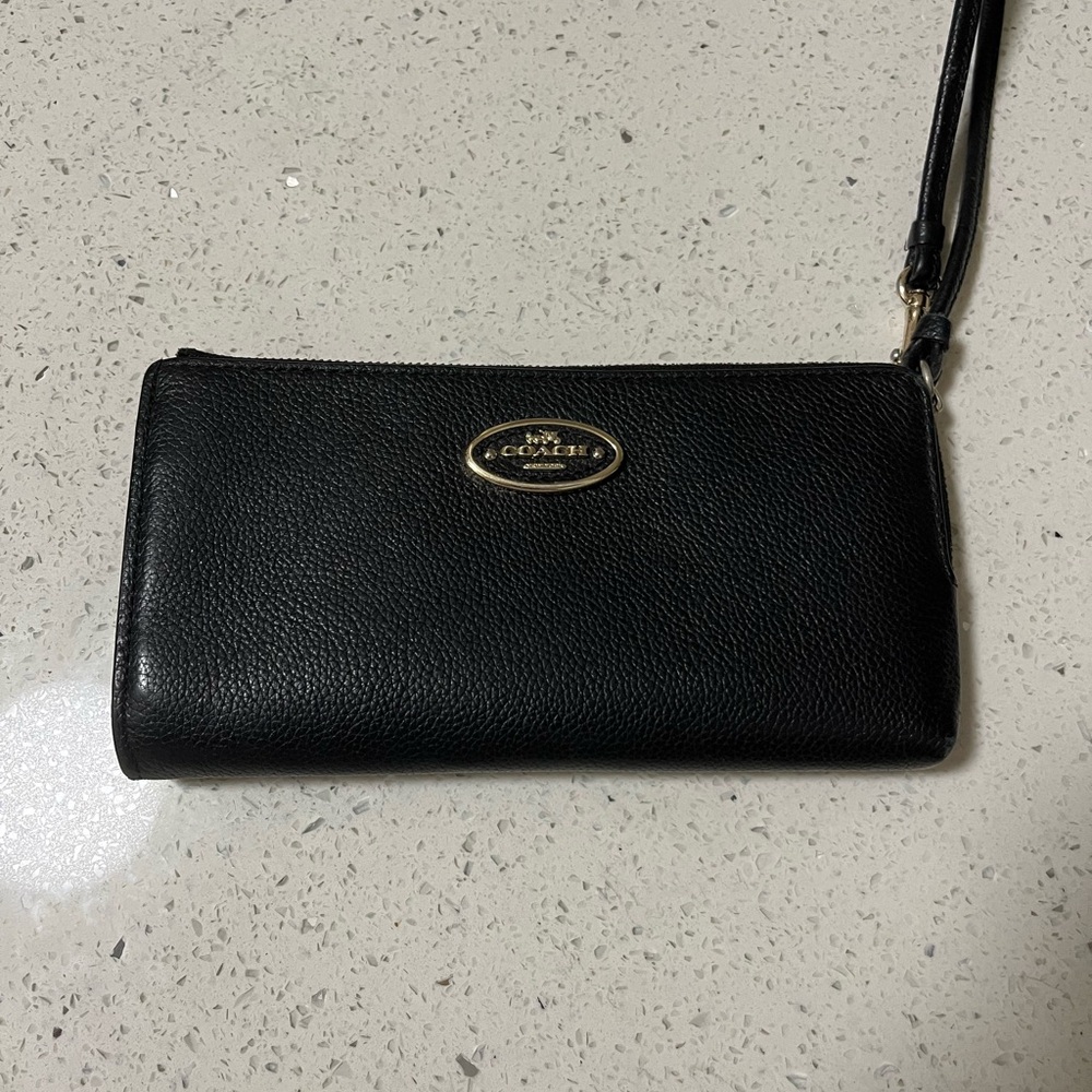Authentic Coach Black Leather Wristlet with Gold Accents